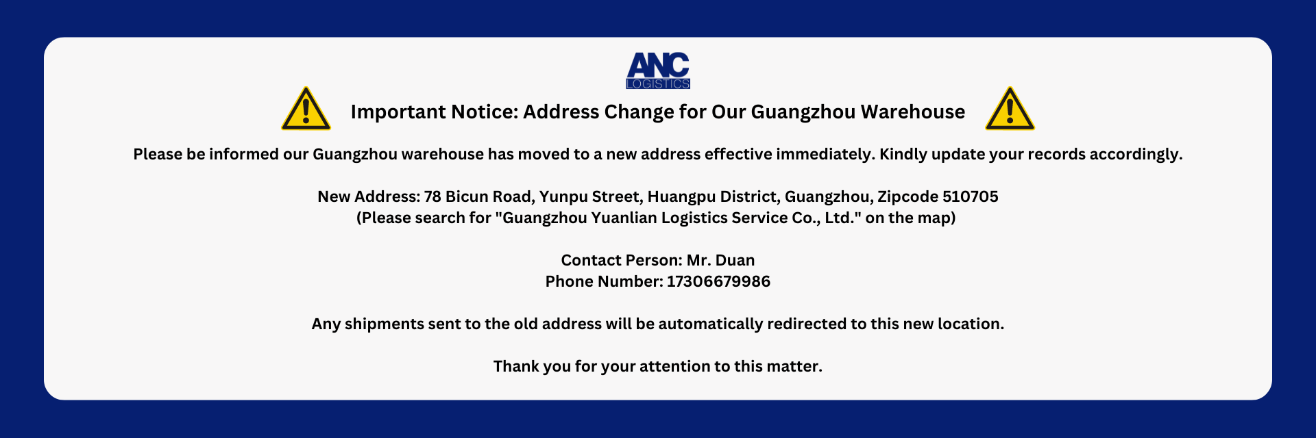 NEW WAREHOUSE ADDRESS NOTICE ANC LOGISTICS BN BRUNEI